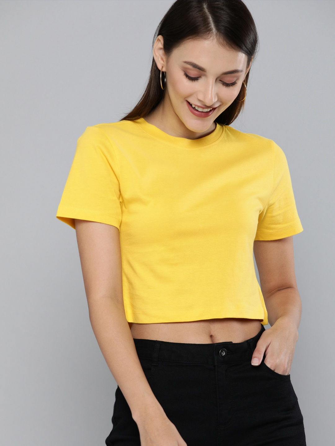 

HERE&NOW Women Yellow Solid Crop Pure Cotton Top
