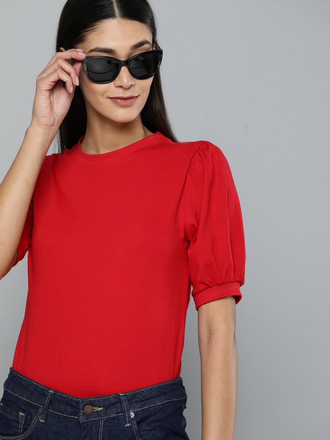 

HERE&NOW Women Red Solid Top with Puff Sleeves