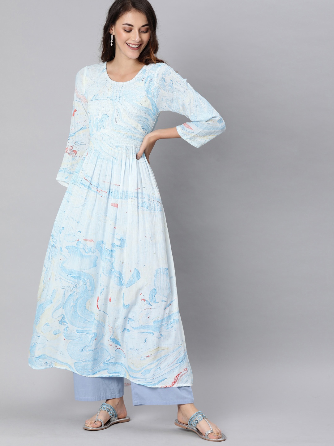 

AHIKA Women Off-White & Blue Printed Anarkali Kurta