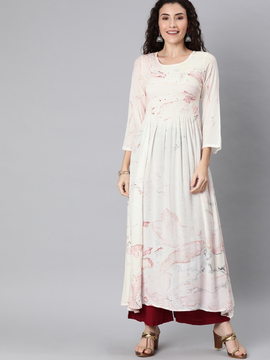 

AHIKA Women Off-White & Red Printed Anarkali Kurta