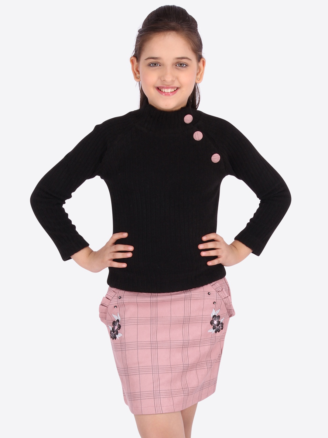 

CUTECUMBER Girls Black & Pink Solid Top with Skirt