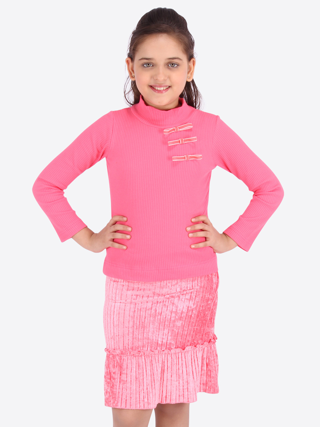 

CUTECUMBER Girls Pink Self Design Top with Skirt