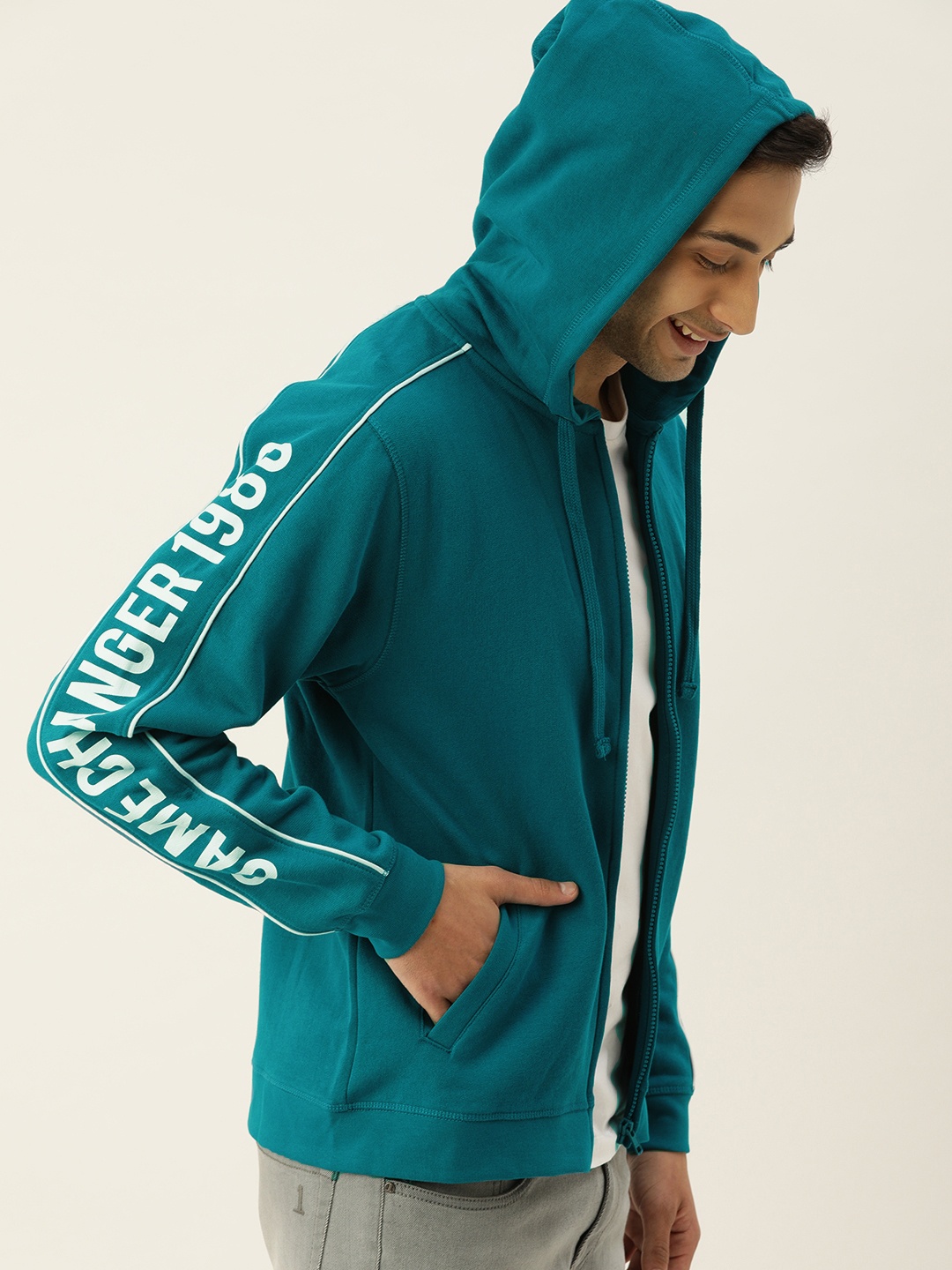 

Flying Machine Men Teal Blue Solid Hooded Sweatshirt With Printed Detailing