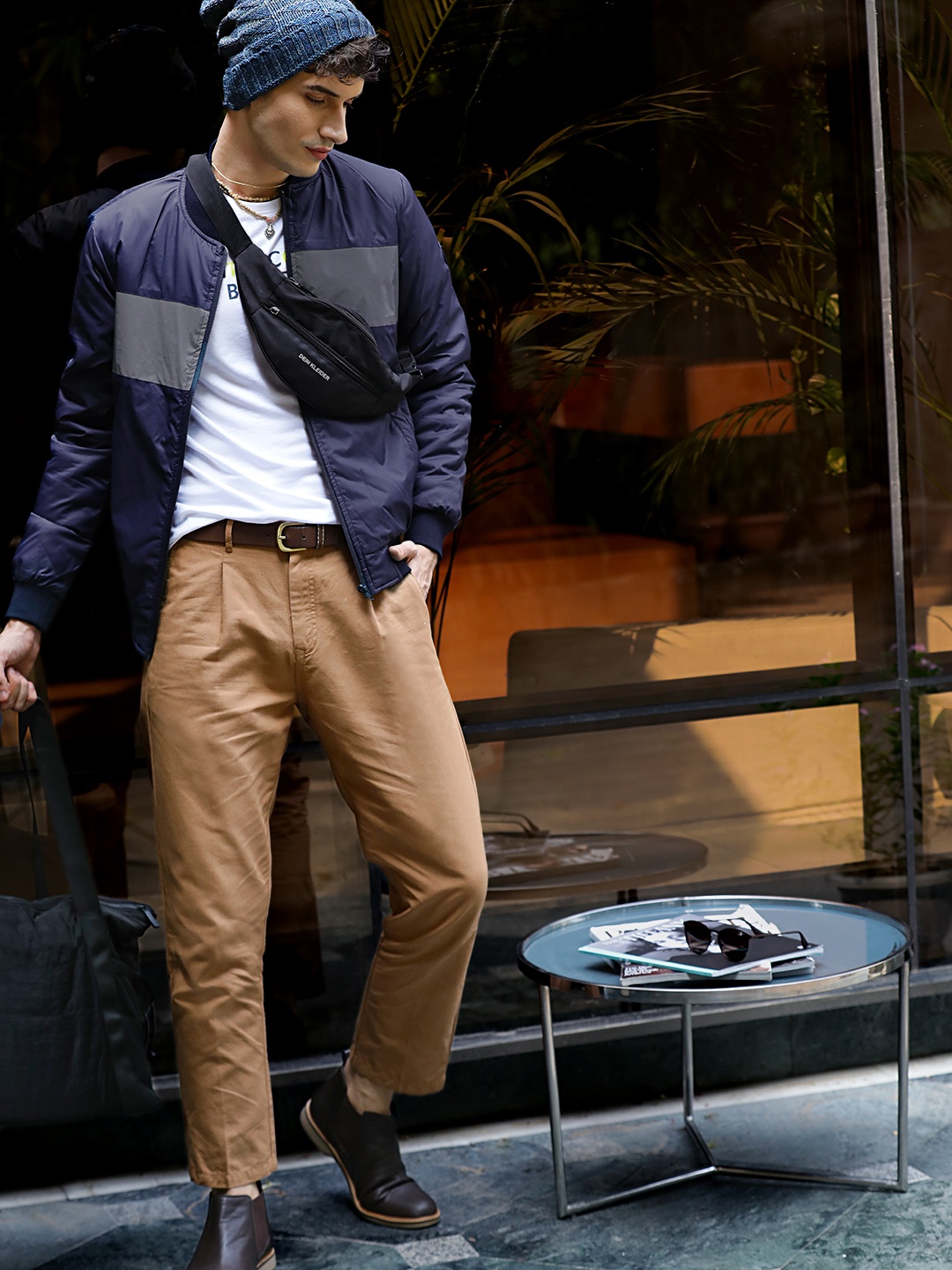 

Flying Machine Men Navy Blue & Grey Colourblocked Bomber Jacket
