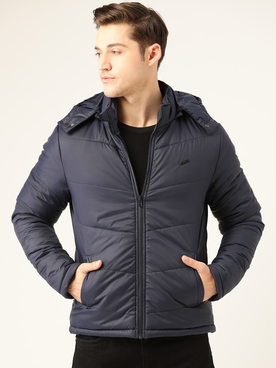 

Flying Machine Men Navy Blue Detachable Hood Solid Padded Jacket