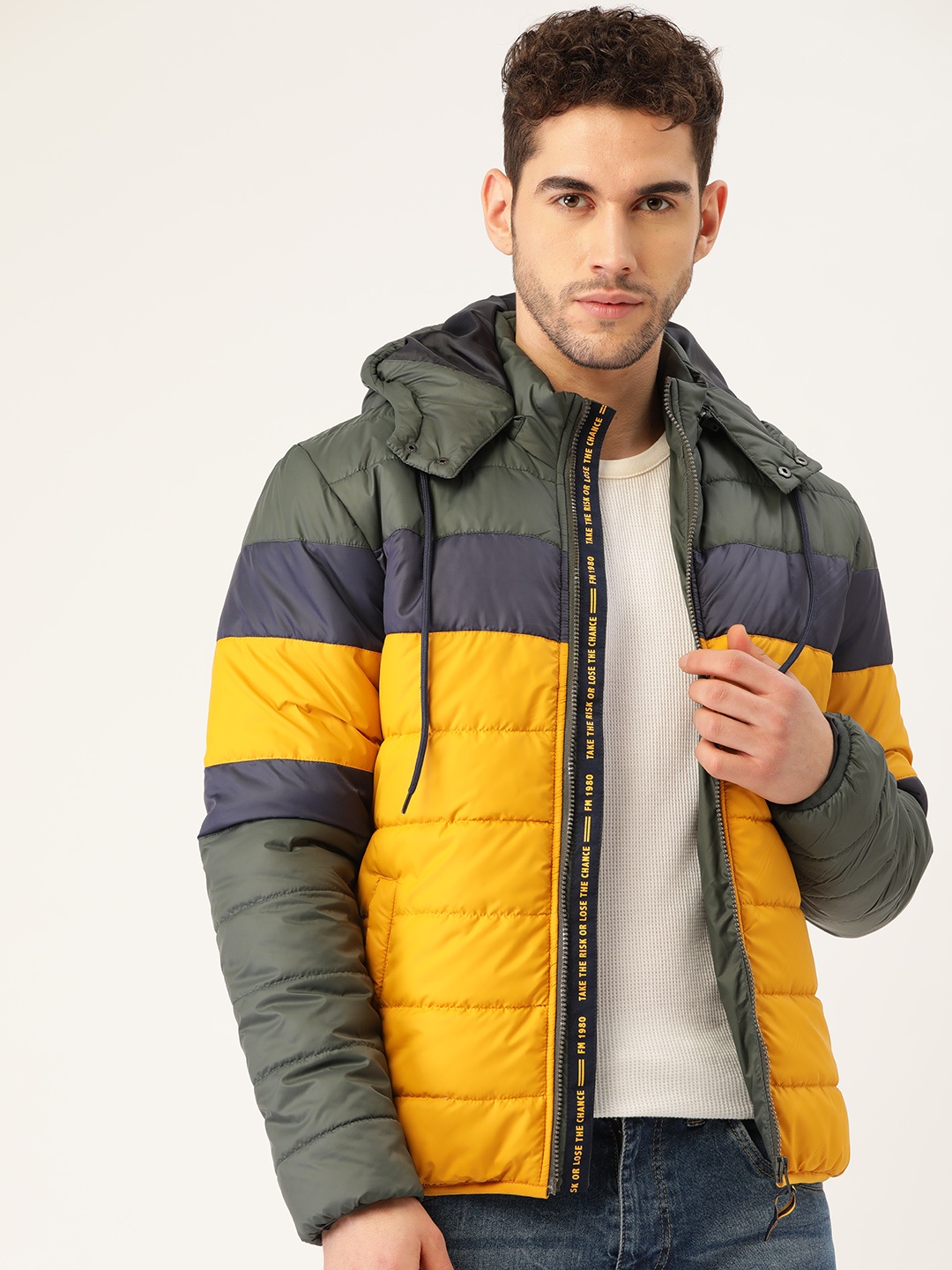 

Flying Machine Men Olive Green & Mustard Yellow Colourblocked Hooded Padded Jacket