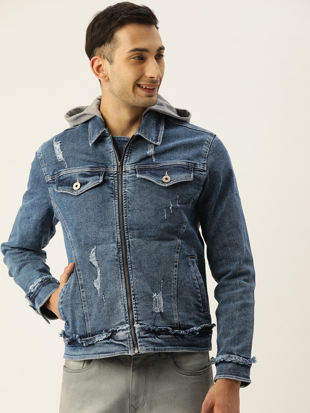 

Flying Machine Men Blue Solid Distressed Hooded Denim Jacket