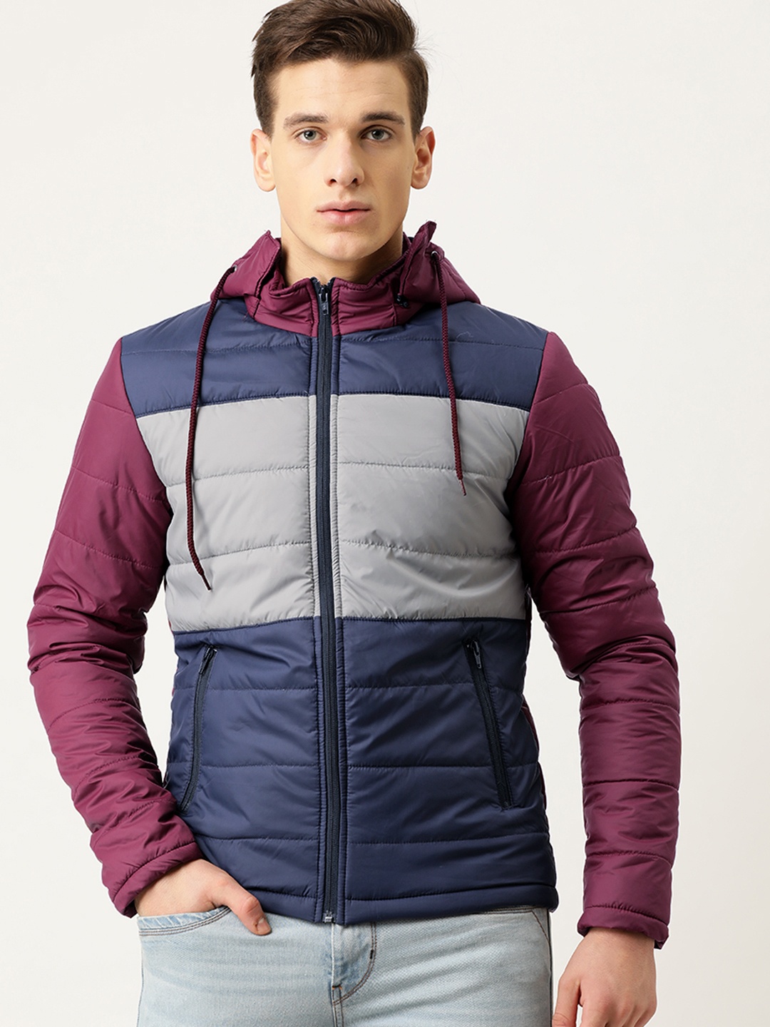 

Flying Machine Men Burgundy & Navy Blue Colourblocked Padded Jacket