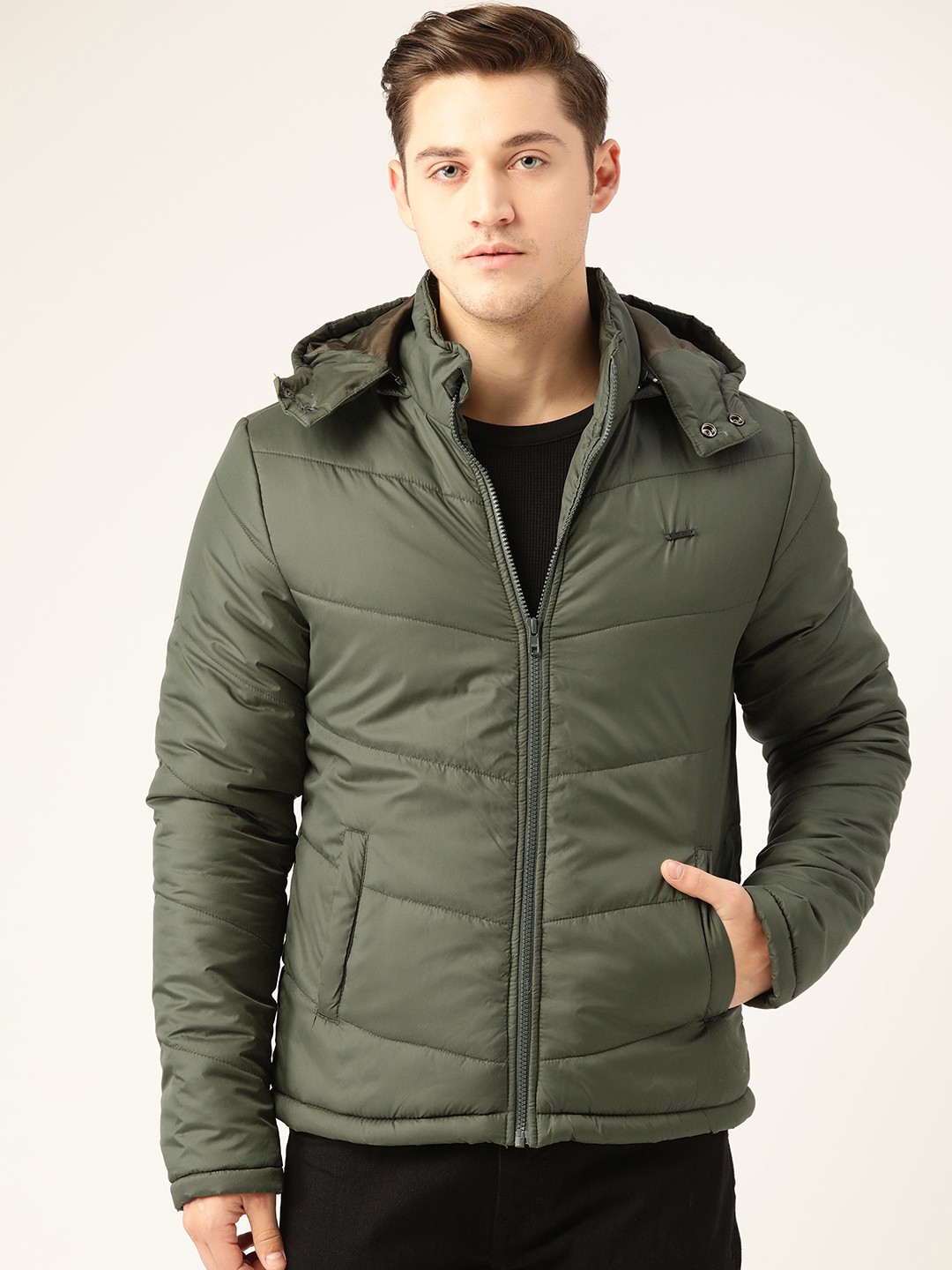 

Flying Machine Men Olive Green Solid Detachable Hood Padded Jacket