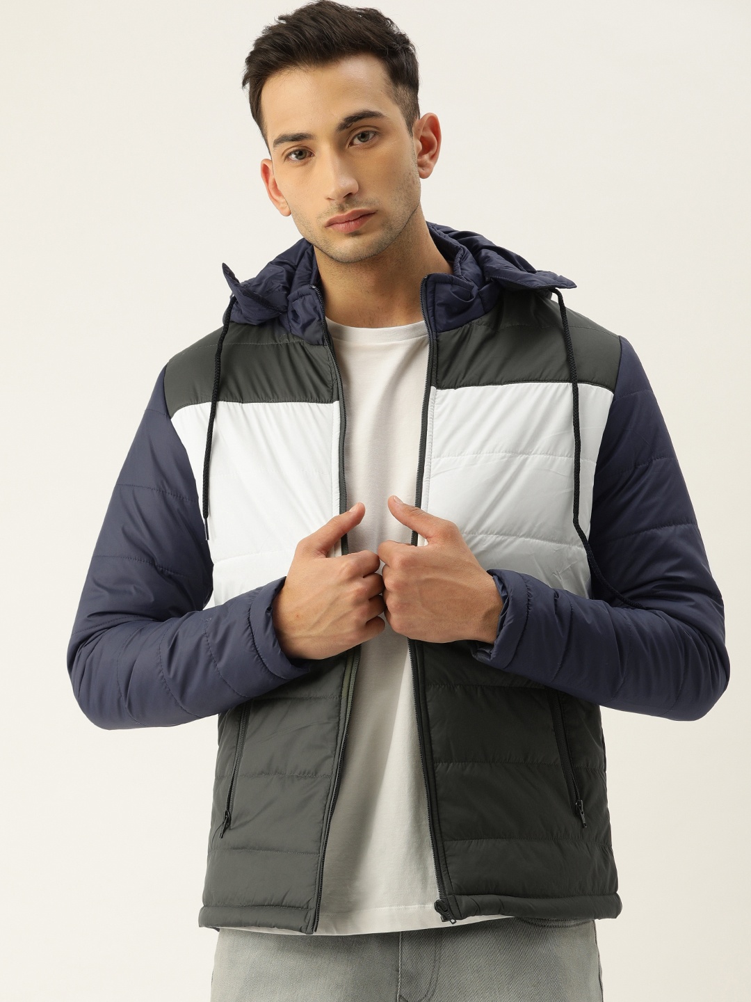 

Flying Machine Men Navy Blue & White Colourblocked Hooded Padded Jacket