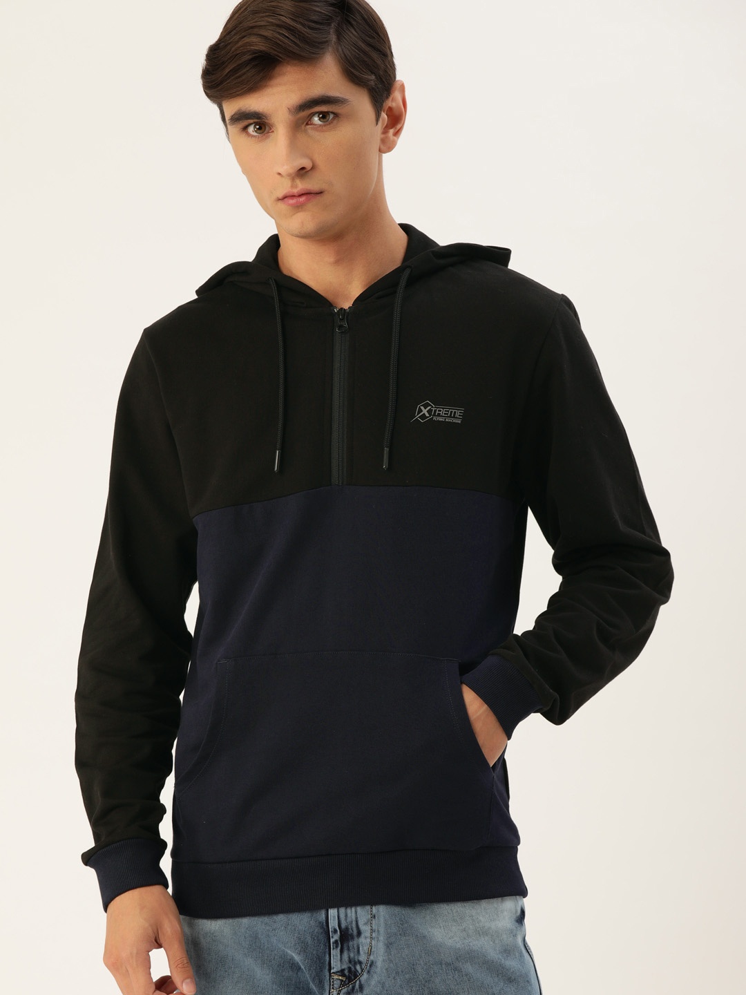 

Flying Machine Men Black & Navy Blue Colourblocked Hooded Sweatshirt