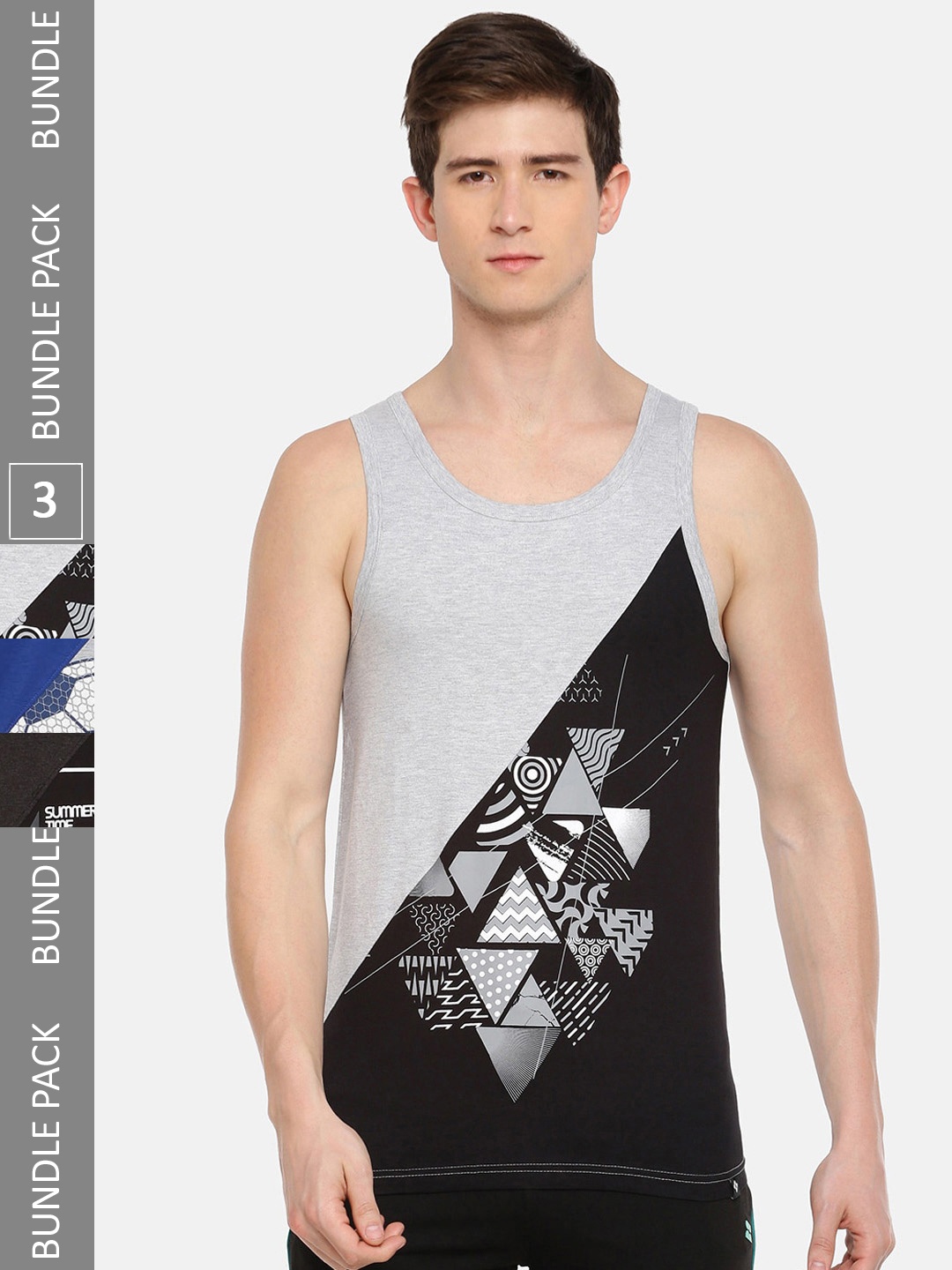 

Dollar Men Assorted Pack of 3 Printed Innerwear Vests AMTT-102-PO3-EstateBlue-GM-BLK, Blue