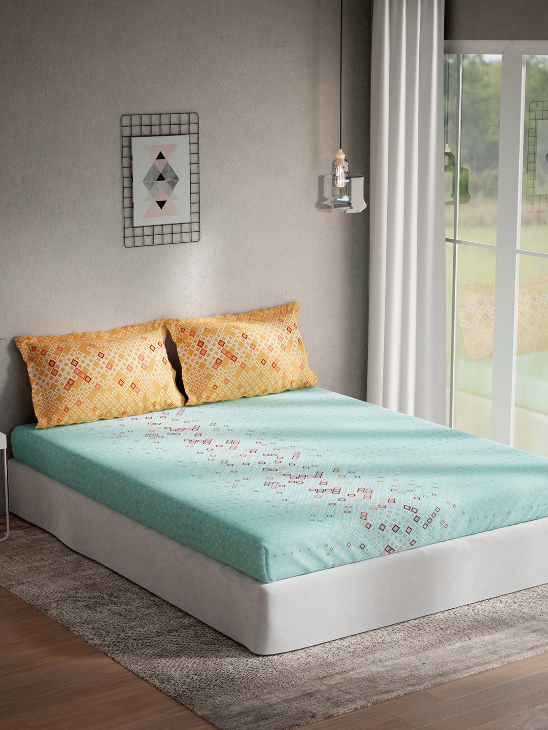 

DDecor Blue Geometric 144 TC Cotton 1 King Bedsheet with 2 Pillow Covers