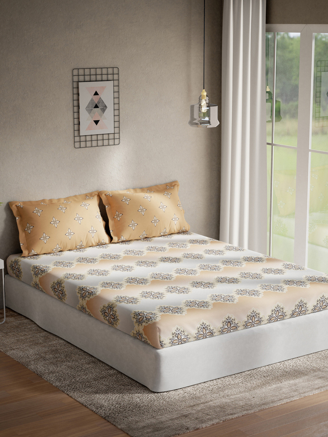 

DDecor Beige & Grey Ethnic Motifs 144 TC Cotton 1 King Bedsheet with 2 Pillow Covers