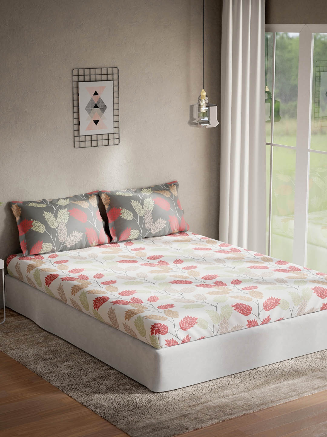 

DDecor White & Red Floral 144 TC Cotton 1 Extra Large Bedsheet with 2 Pillow Covers