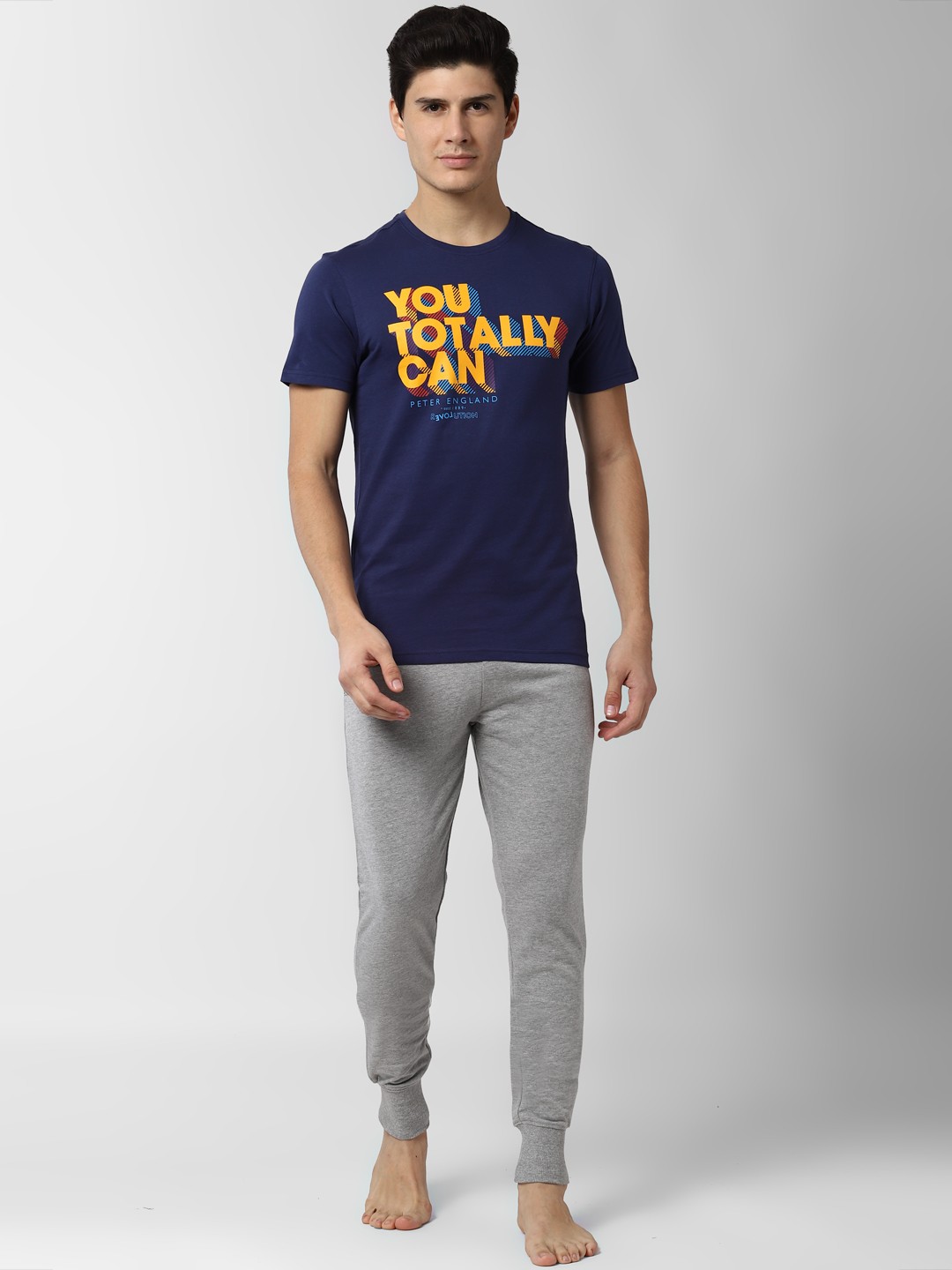 

Peter England Men Navy Blue & Grey Melange Printed Lounge Set