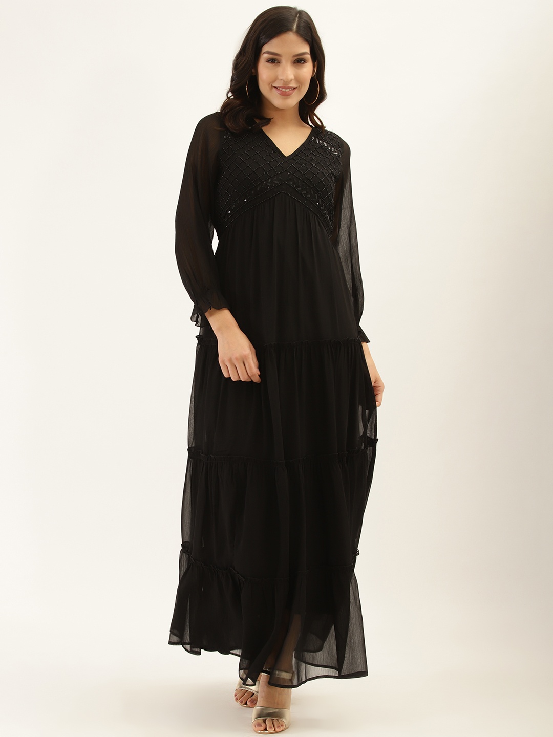 

Antheaa Women Black Solid Embellished Tiered Maxi Dress