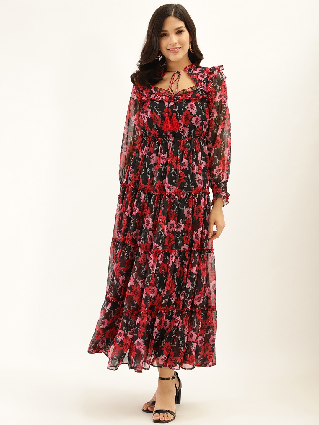 

Antheaa Women Black & Pink Floral Print Tiered Maxi Dress