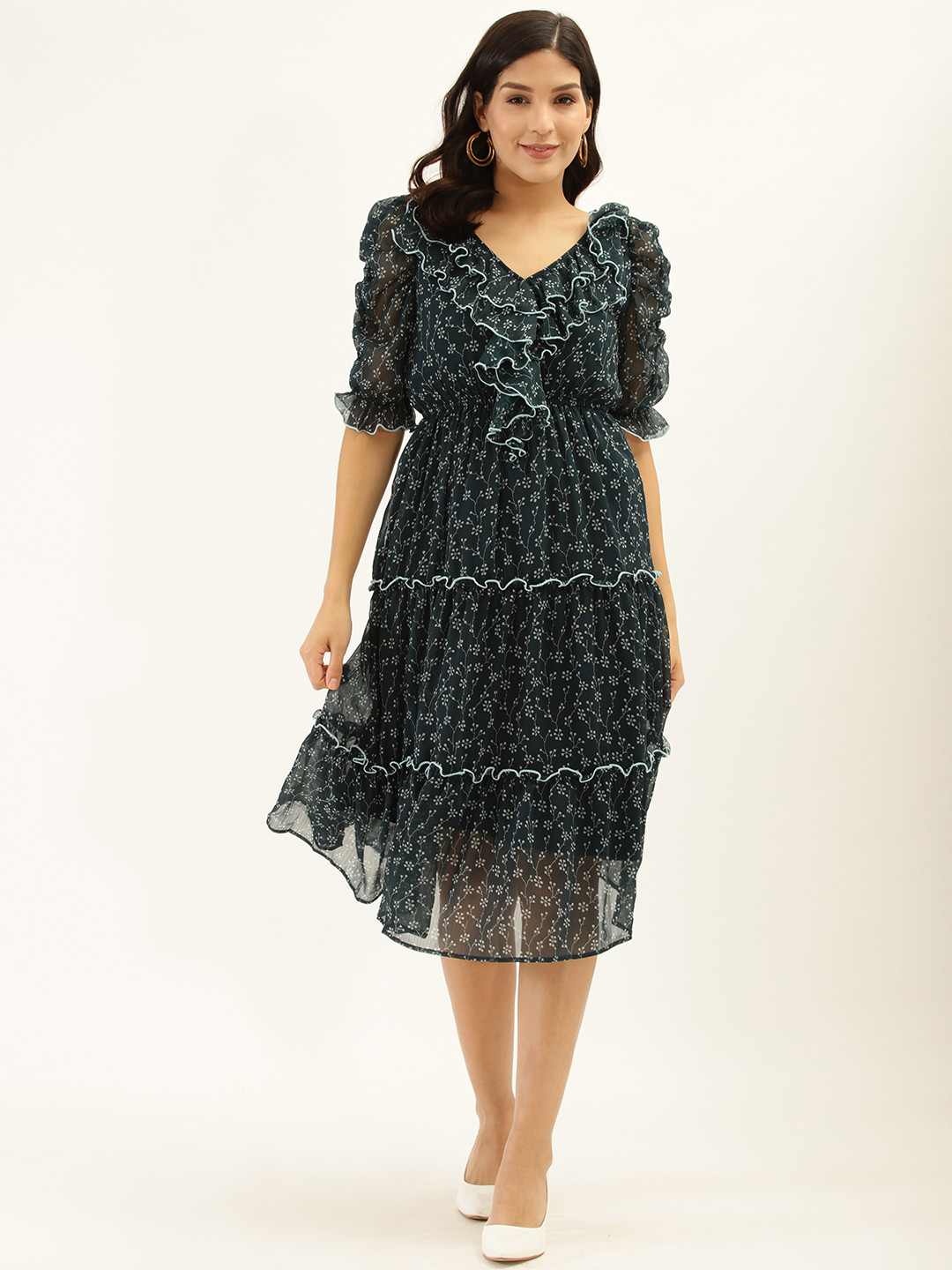 

Antheaa Women Teal & Green Floral Printed Tiered Dress
