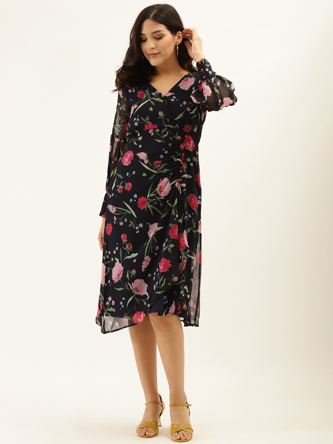 

Antheaa Women Navy Blue & Pink Floral Print Wrap Dress