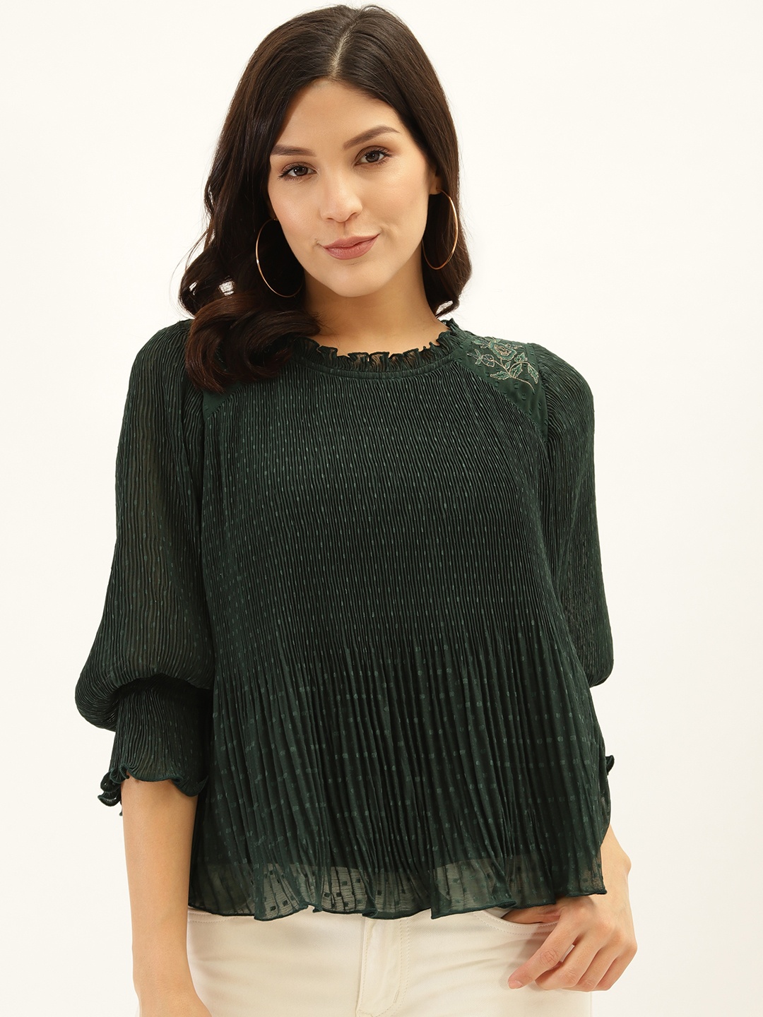 

Antheaa Women Green Dobby Weave Accordion Pleat Top