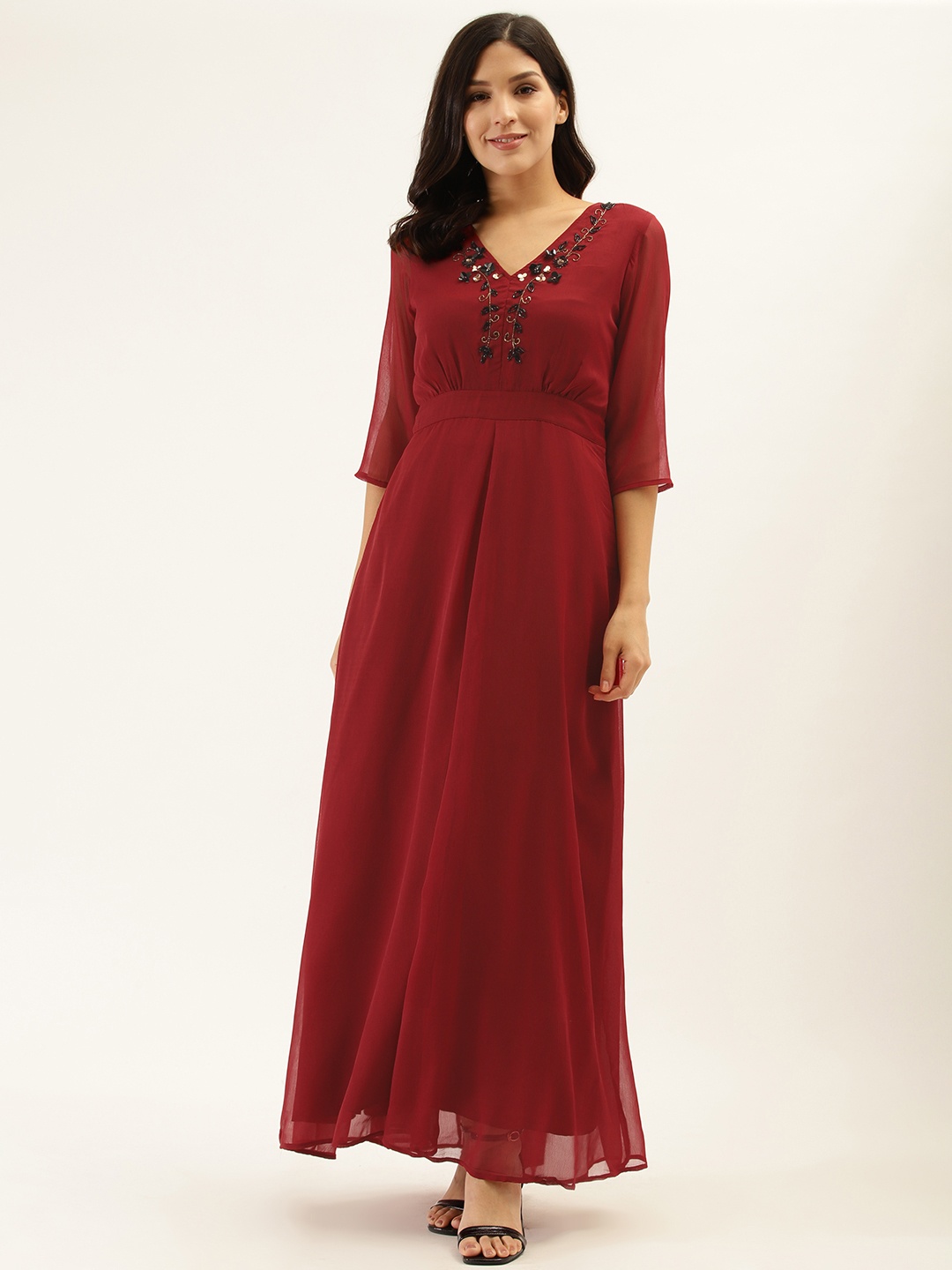 

Antheaa Women Maroon & Black Embellished Maxi Dress