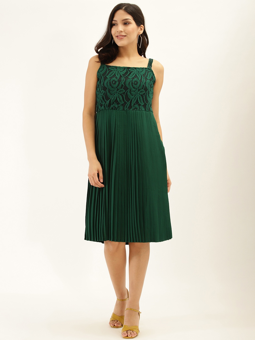 

Antheaa Women Green Solid Accordion Pleated A-Line Dress