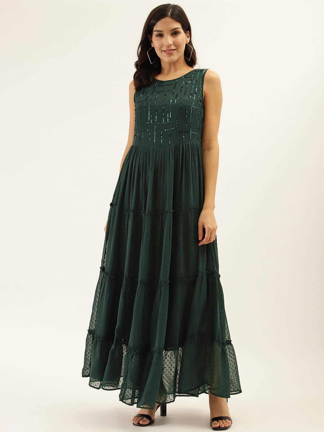 

Antheaa Women Green Solid Dobby Weave Embellished Tiered Maxi Dress