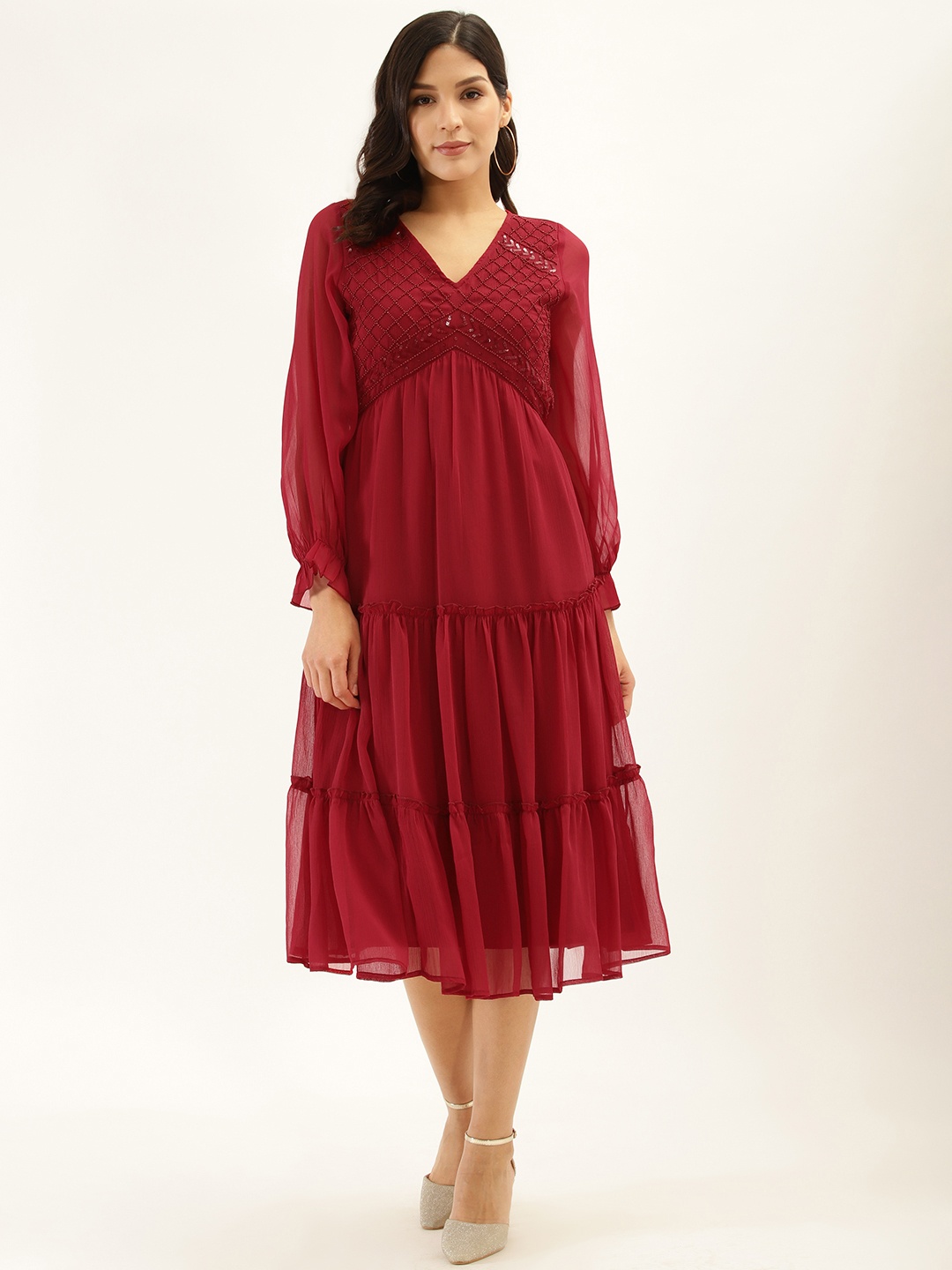 

Antheaa Women Red Solid Tiered Dress