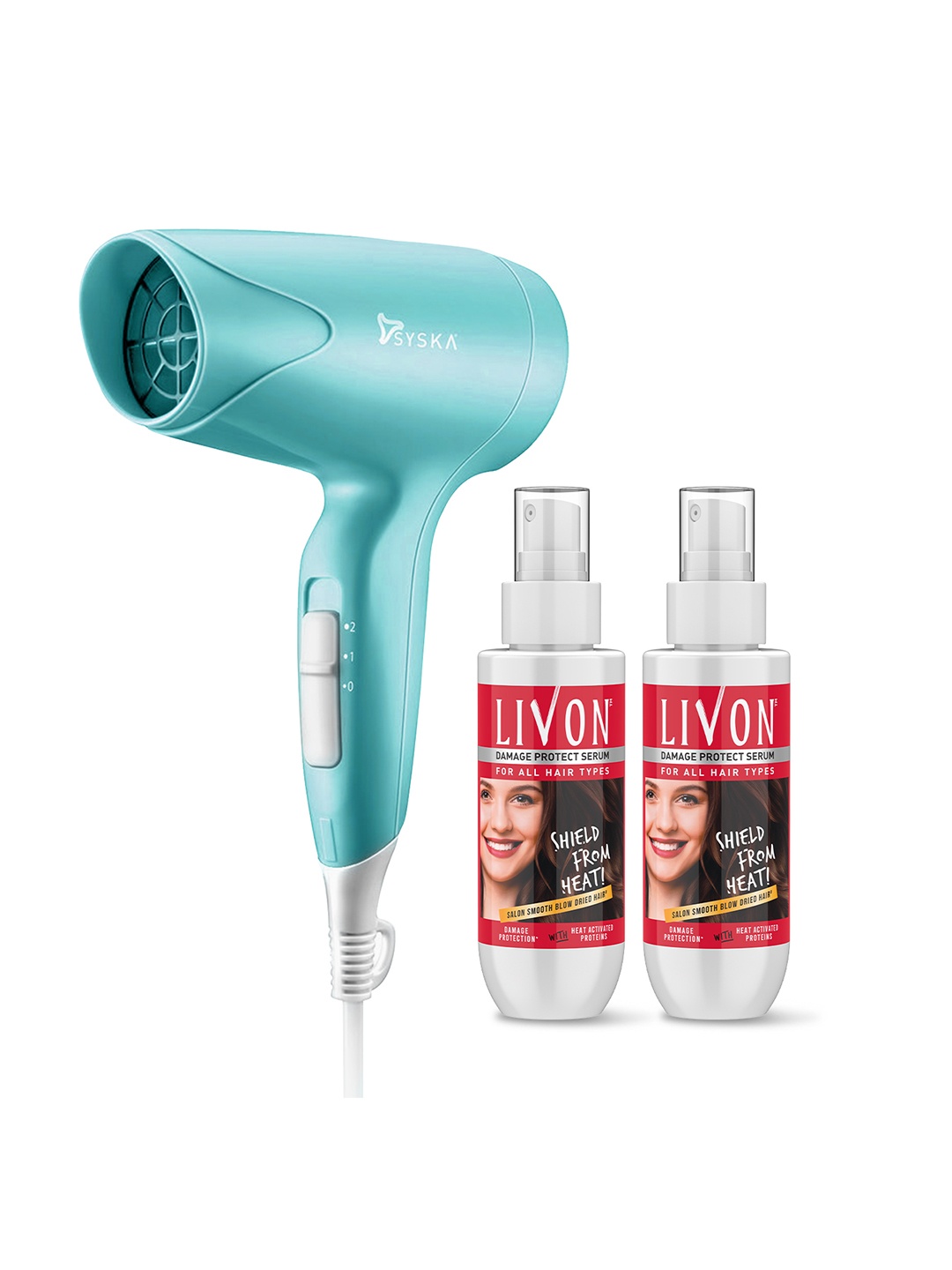 

Livon 2Pcs Heat Protect Hair Serum For 2X Less Hair Breakage 100ml Each & Syska Hair Dryer, Red