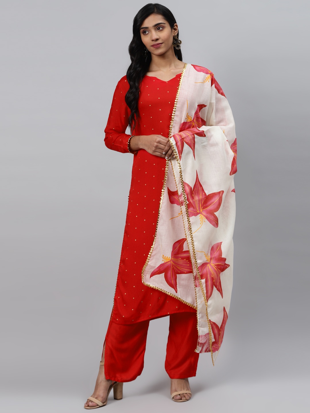 

KALINI Women Red & White Printed Kurta with Palazzos & Dupatta