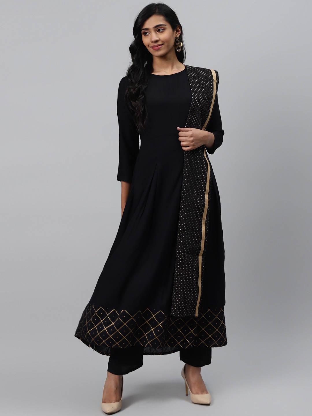 

KALINI Women Black & Golden Solid Anarkali Kurta with Trousers & Dupatta