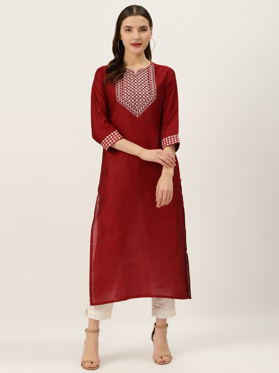 

Varanga Women Maroon & Golden Yoke Design Straight Kurta