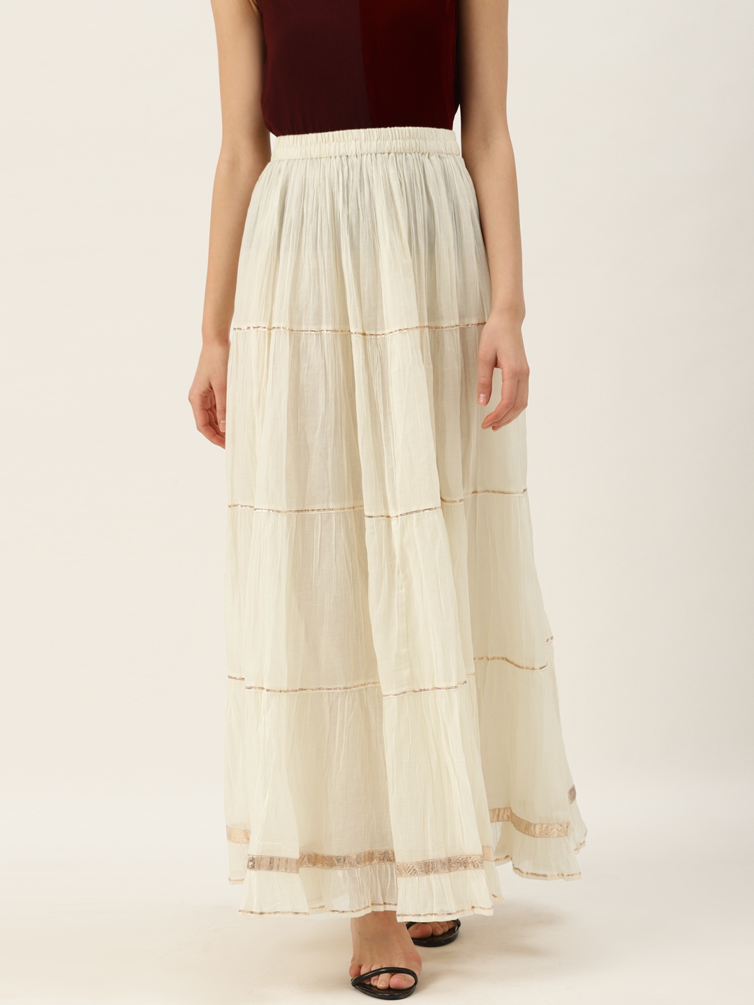 

Varanga Women Cream-Coloured Flared Tiered Maxi Skirt