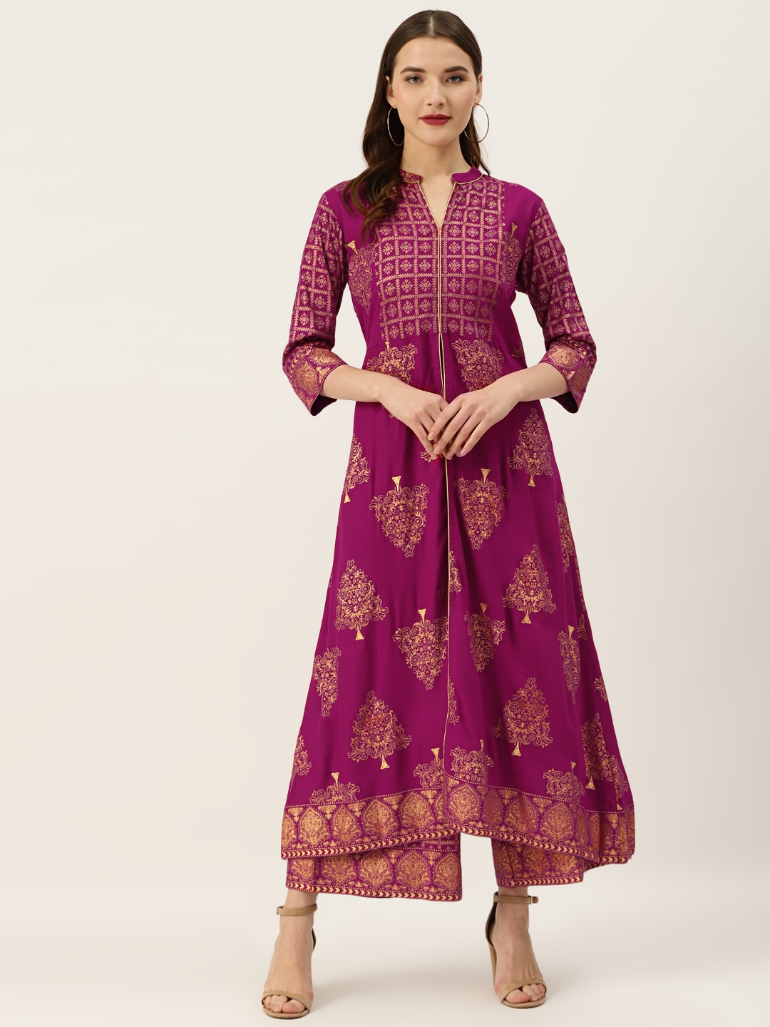 

Varanga Women Magenta & Golden Block Print High-Slit Kurta with Palazzos