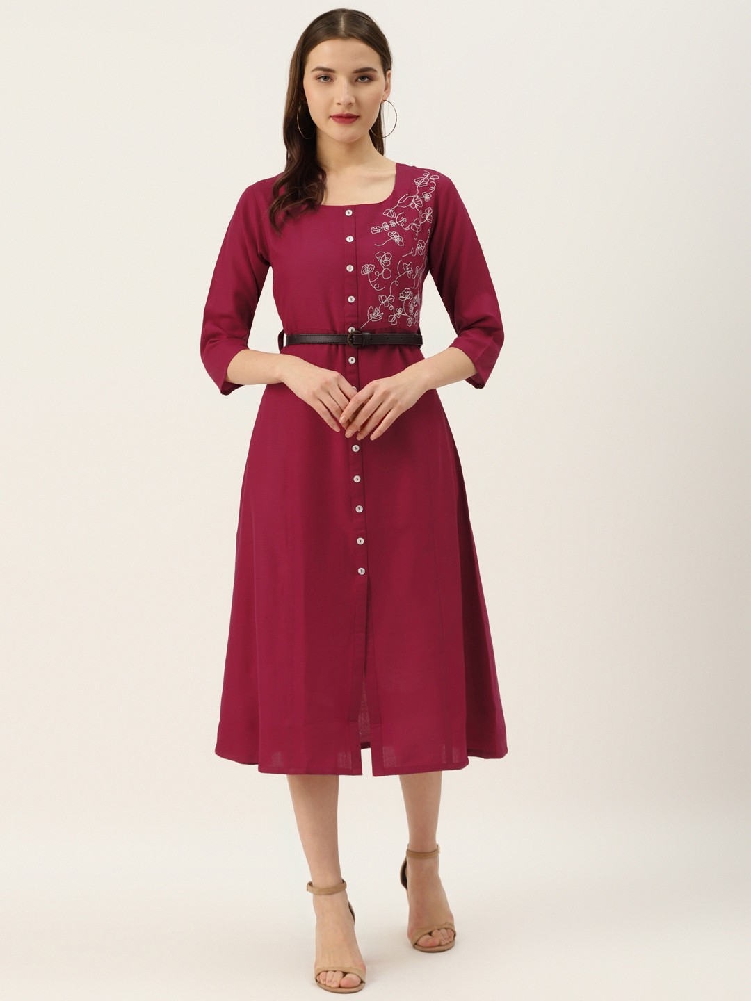

Varanga Women Maroon Embroidered Detail A-Line Dress With Belt