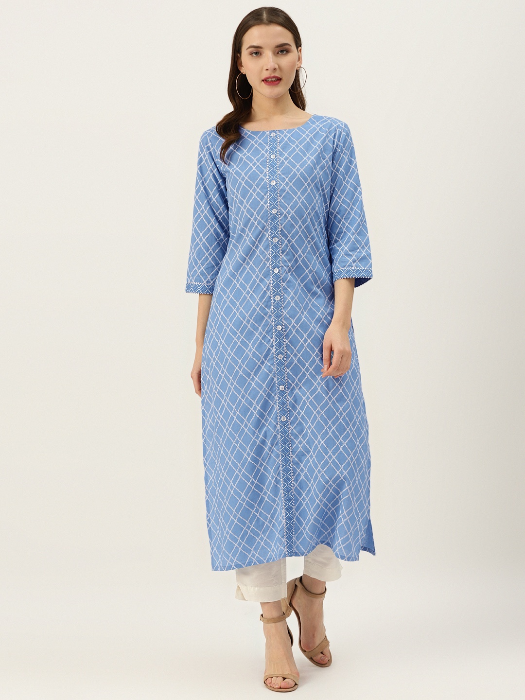 

Varanga Women Blue & White Checked Straight Kurta