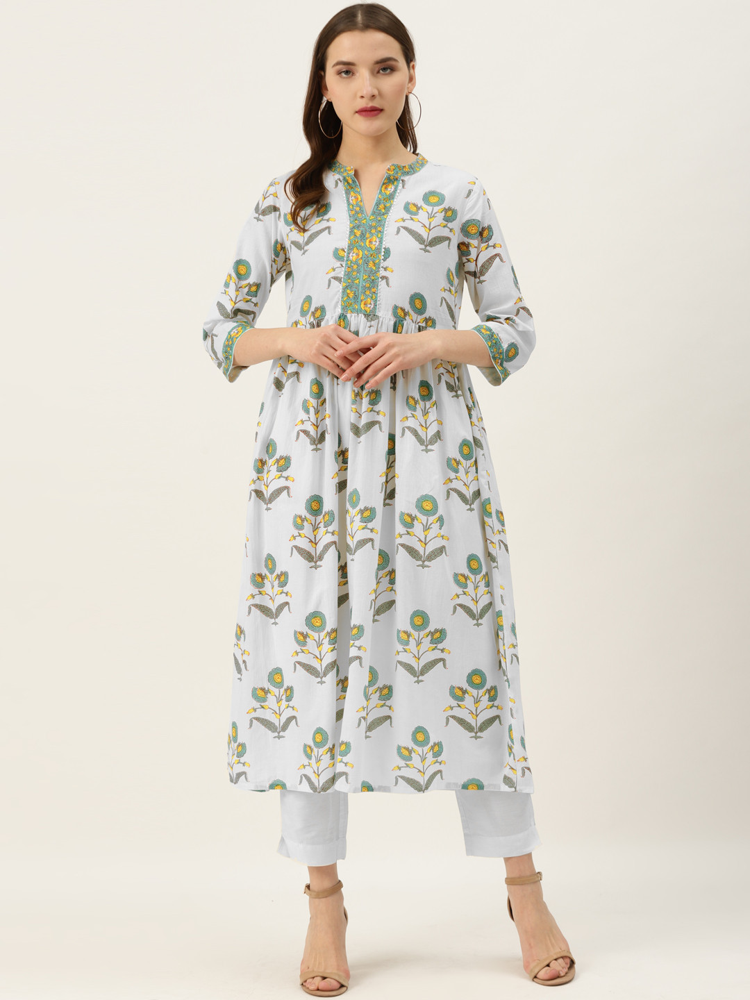 

Varanga Women White & Blue Printed A-Line Kurta