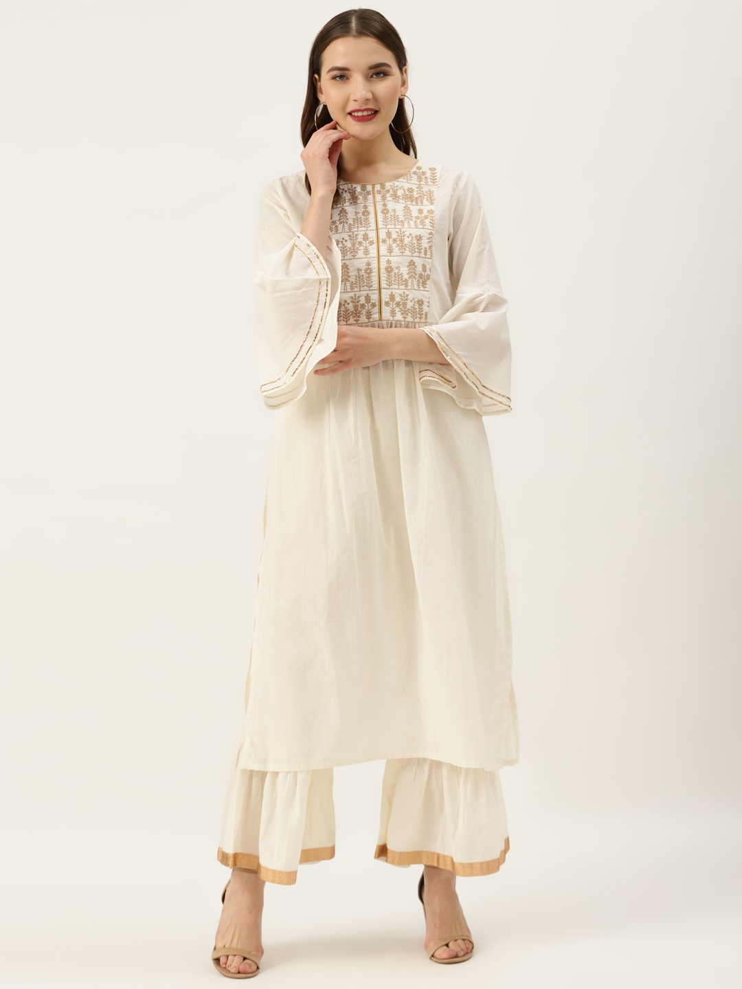 

Varanga Women Off-White & Golden Yoke Design Zari Embroidered Kurta with Sharara