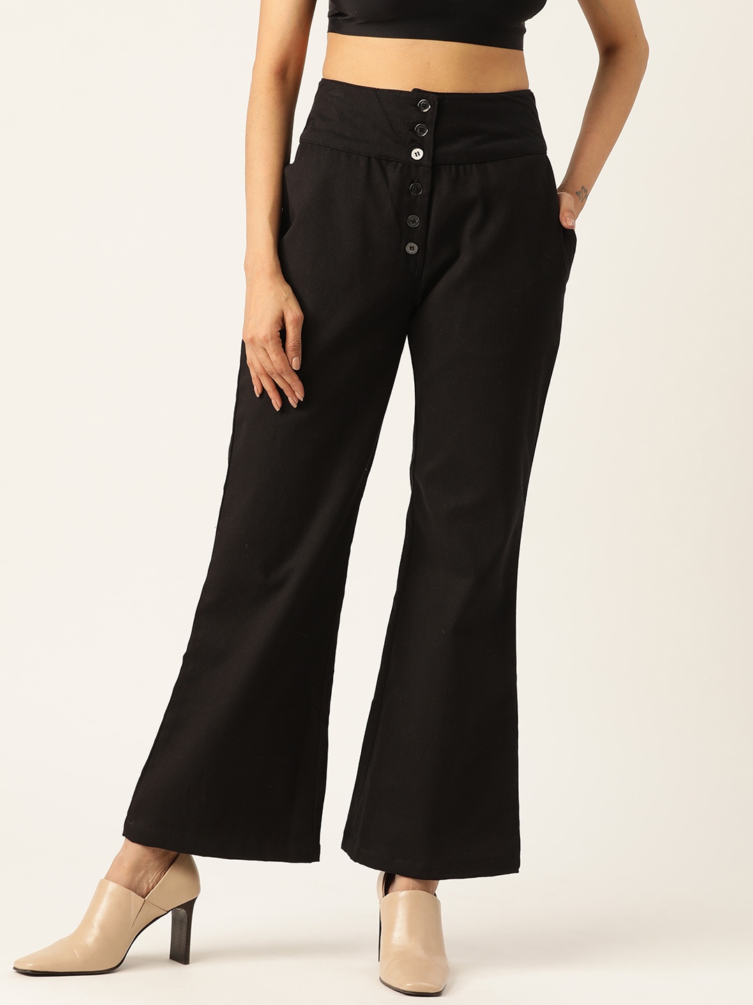 

Alsace Lorraine Paris Women Black High-Rise Flared Solid Bootcut Trousers