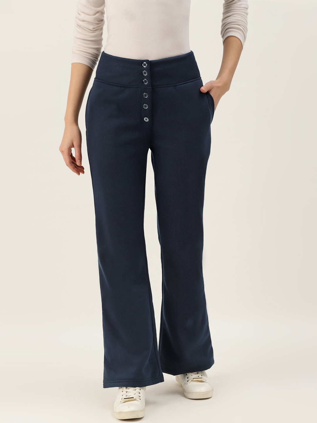 

Alsace Lorraine Paris Women Navy Blue Flared Knitted Solid Parallel Fleece Trousers