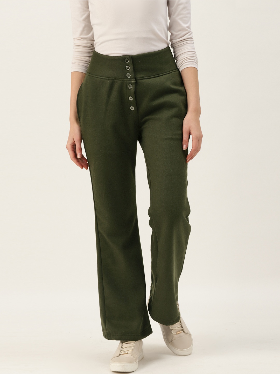 

Alsace Lorraine Paris Women Olive Green Flared Knitted Solid Parallel Fleece Trousers
