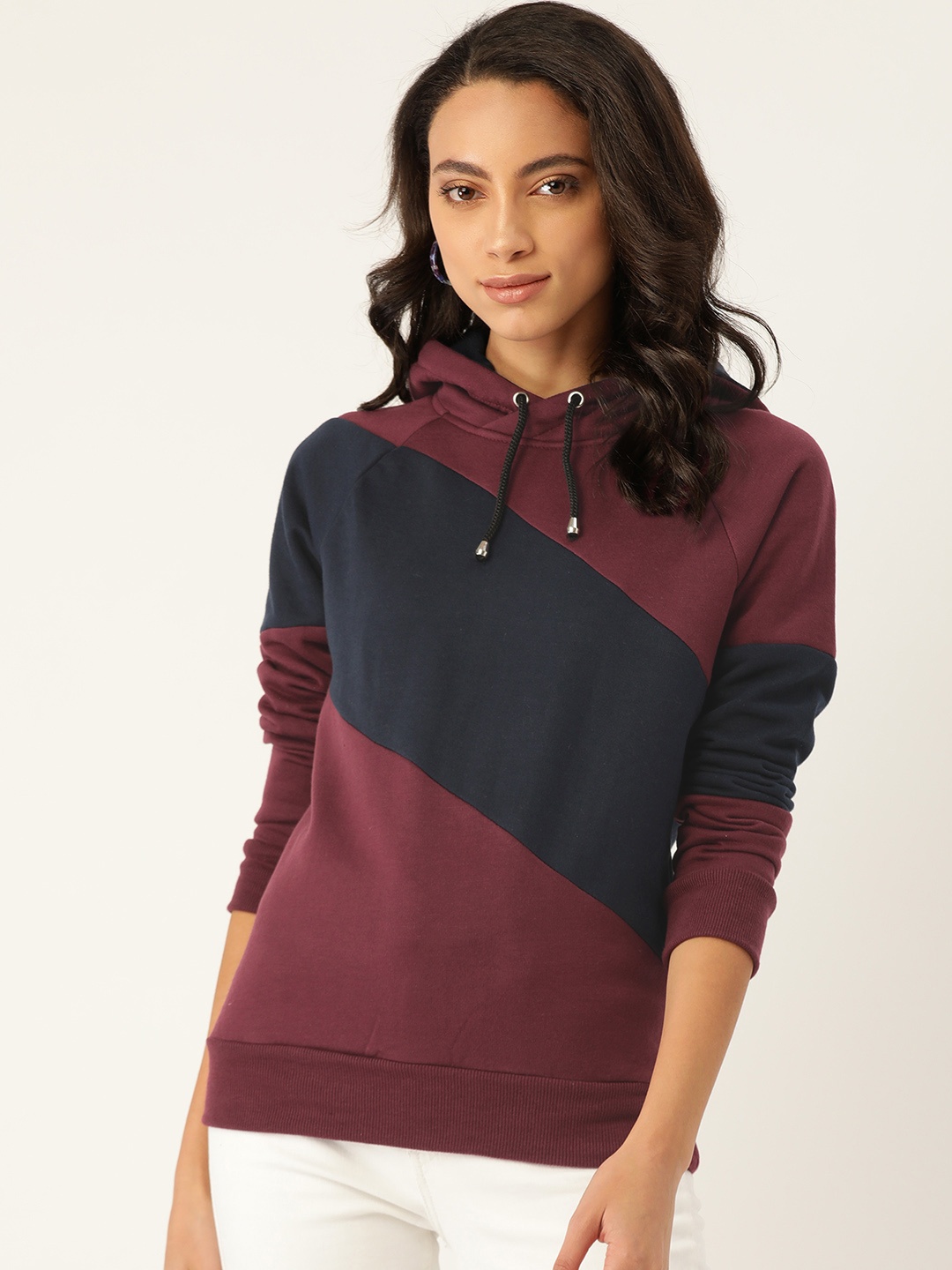 

Alsace Lorraine Paris Women Burgundy & Navy Blue Colourblocked Hooded Sweatshirt