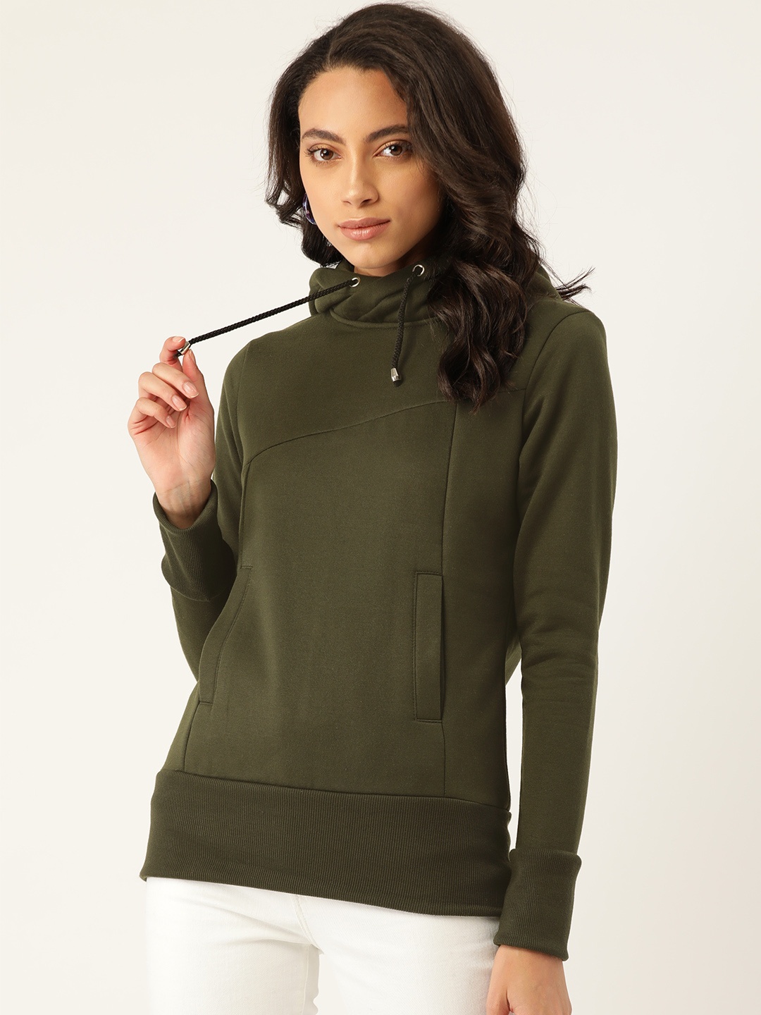 

Alsace Lorraine Paris Women Olive Green Solid Hooded Sweatshirt