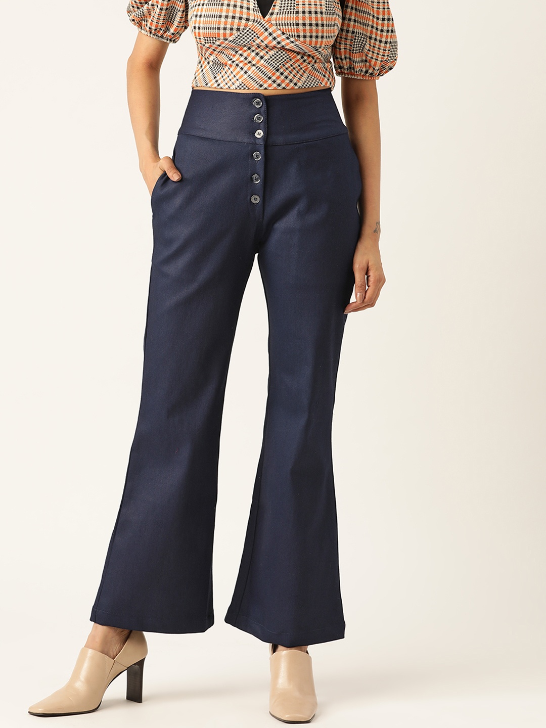 

Alsace Lorraine Paris Women Navy Blue High-Rise Flared Solid Bootcut Trousers