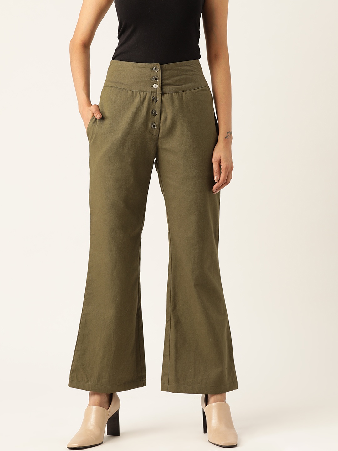 

Alsace Lorraine Paris Women Olive Green High-Rise Flared Solid Bootcut Trousers