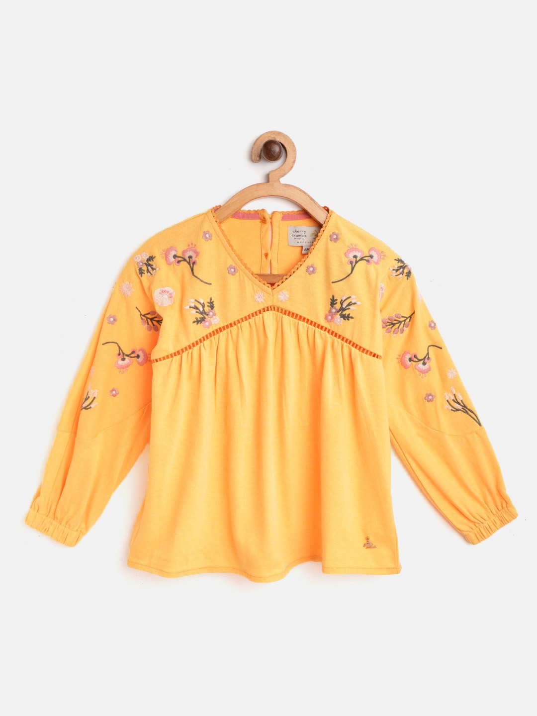 

Cherry Crumble Girls Mustard Yellow & Pink Floral Embroidered A-Line Top