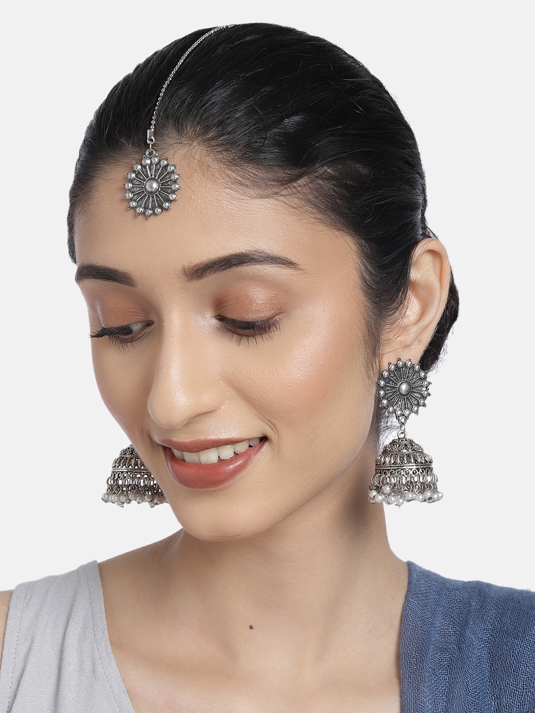 

justpeachy Oxidised Silver-Plated Maangtika and Earring Jewellery Set