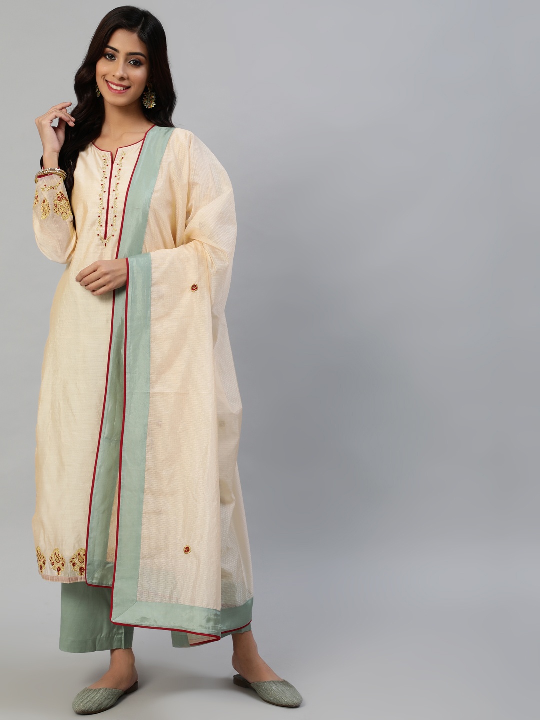 

Jaipur Kurti Women Cream-Coloured & Green Embroidered Kurta with Palazzos & Dupatta