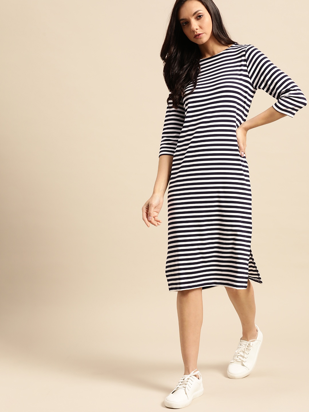 

ether Women White & Navy Blue Striped Sheath Dress